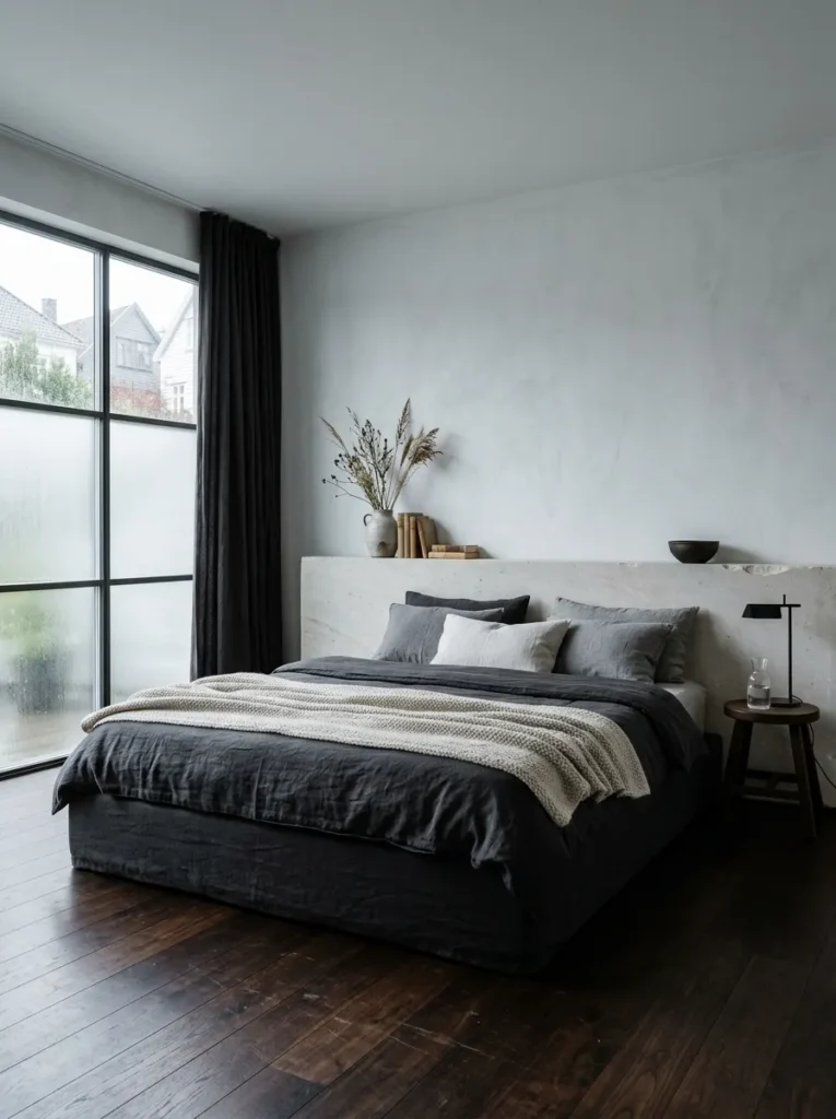 Dark walnut floors contrasted by pale limewashed walls and a limestone ledge in a Norwegian bedroom.
