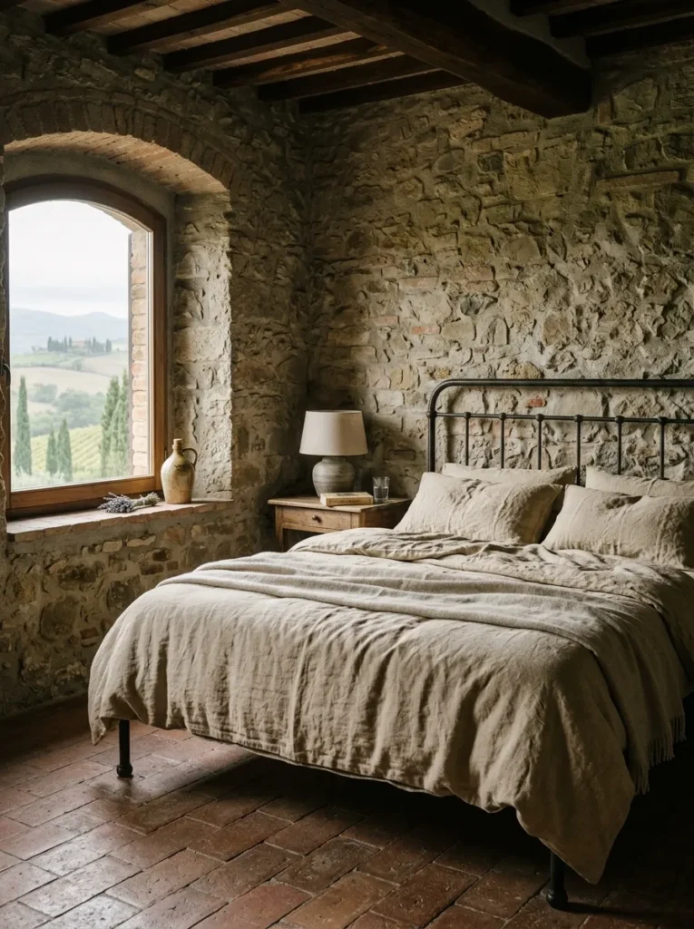 Undyed oat linen bedding on a hand-forged iron bed in a rustic Tuscan stone farmhouse bedroom.