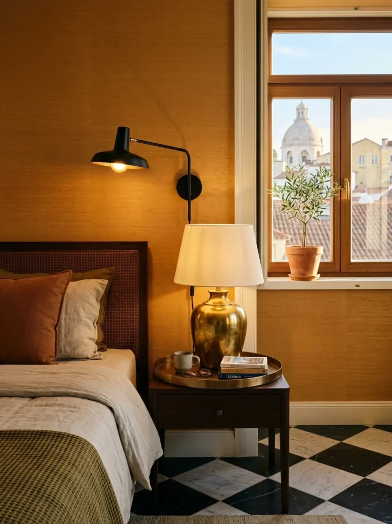 Mixed metals — brass lamp, matte black sconce, and bronze tray — in a warm Lisbon apartment bedroom.