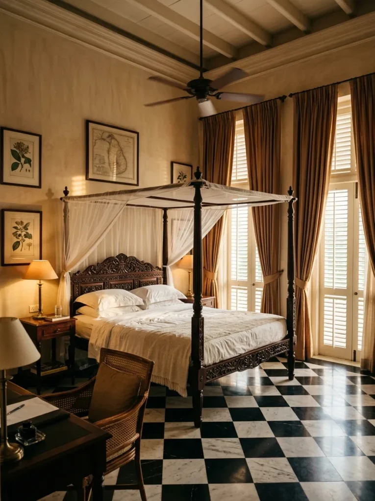 Floor-to-ceiling sepia silk curtains framing a carved rosewood bed in a colonial plantation bedroom.