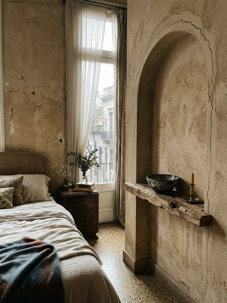 Wabi-sabi rough plaster walls with intentional cracks in a warm Art Deco Buenos Aires bedroom.