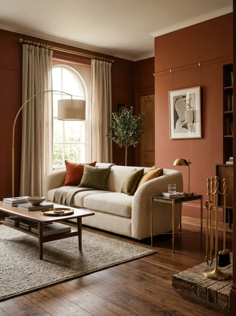 Luxury living room with consistent unlacquered brass in every fixture from lamps to curtain rods 