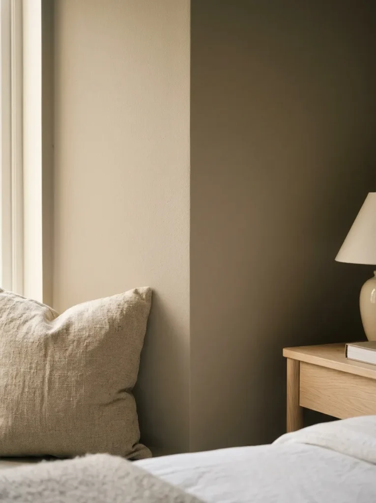 Warm greige bedroom wall with a sandy undertone in soft afternoon light beside a linen pillow and bleached oak nightstand
