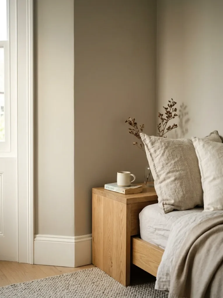 Soft warm greige bedroom wall with visible warmth and clean warm white trim in soft afternoon light
