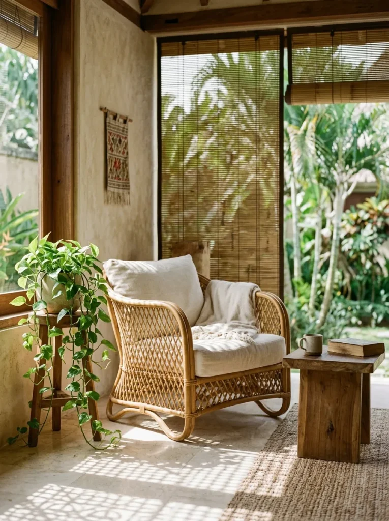 Natural rattan armchair with cream linen cushion beside a smoked teak table in a warm Balinese villa living room.