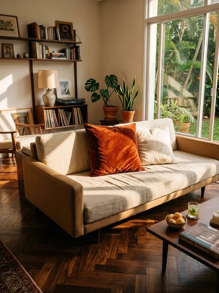Single rust velvet cushion as a tonal accent on a camel linen sofa in a warm São Paulo mid-century living room.