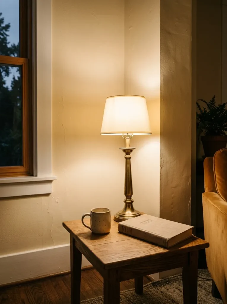 Warm ivory living room wall corner under evening lamplight, showing cream undertone beside a small oak table and brass lamp
