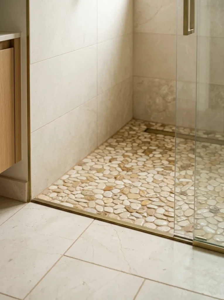 Warm ivory and caramel pebble mosaic shower floor at the transition to larger stone floor tiles outside the shower threshold