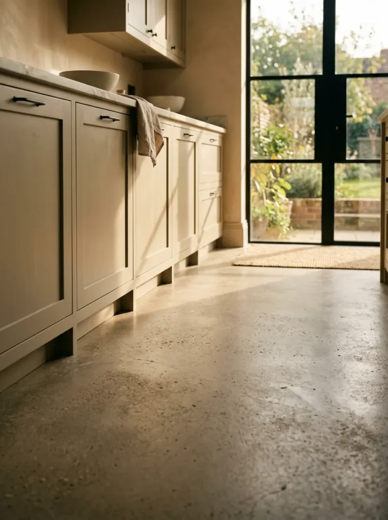 Warm putty kitchen cabinets above honed concrete floor in warm sand tone with afternoon window light