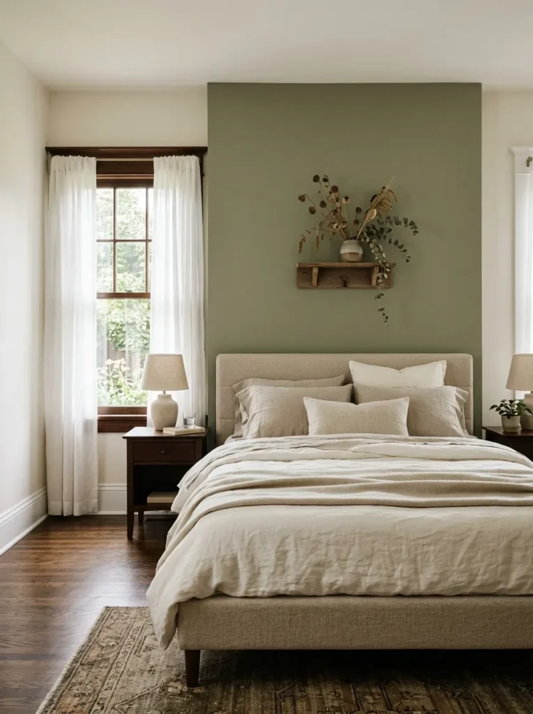  Bedroom with warm muted sage green accent wall and natural linen bedding in earthy tones