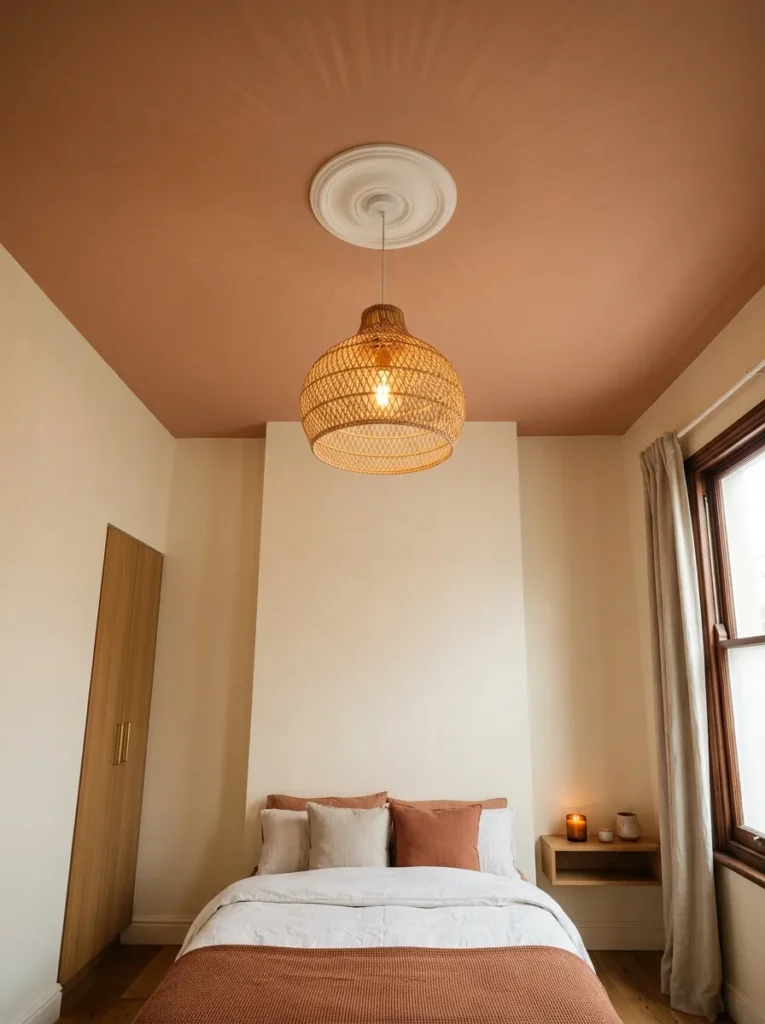Low-angle view of a compact apartment bedroom ceiling painted in warm pale terracotta, with a rattan pendant and cream walls below
