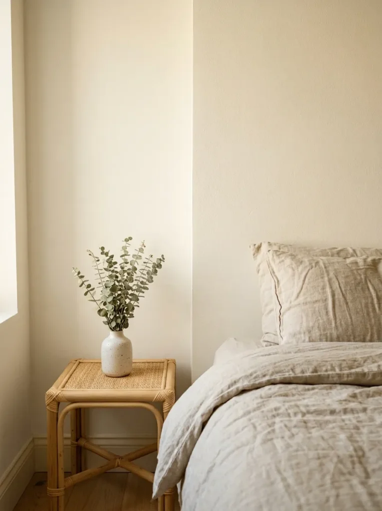 Bedroom corner showing warm cream-white wall paint with a sandy undertone beside a rattan nightstand and natural linen bedding
