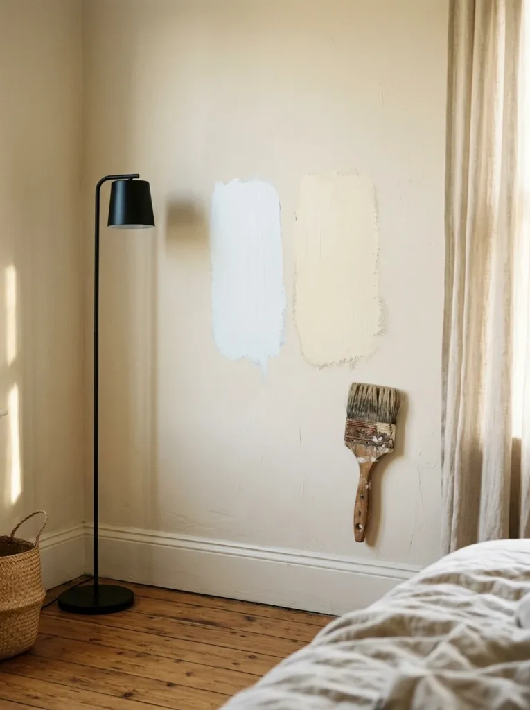 Bedroom wall with two paint test swatches showing a cool blue-white beside a warm oat-white, the warm tone reading more resolved in afternoon light