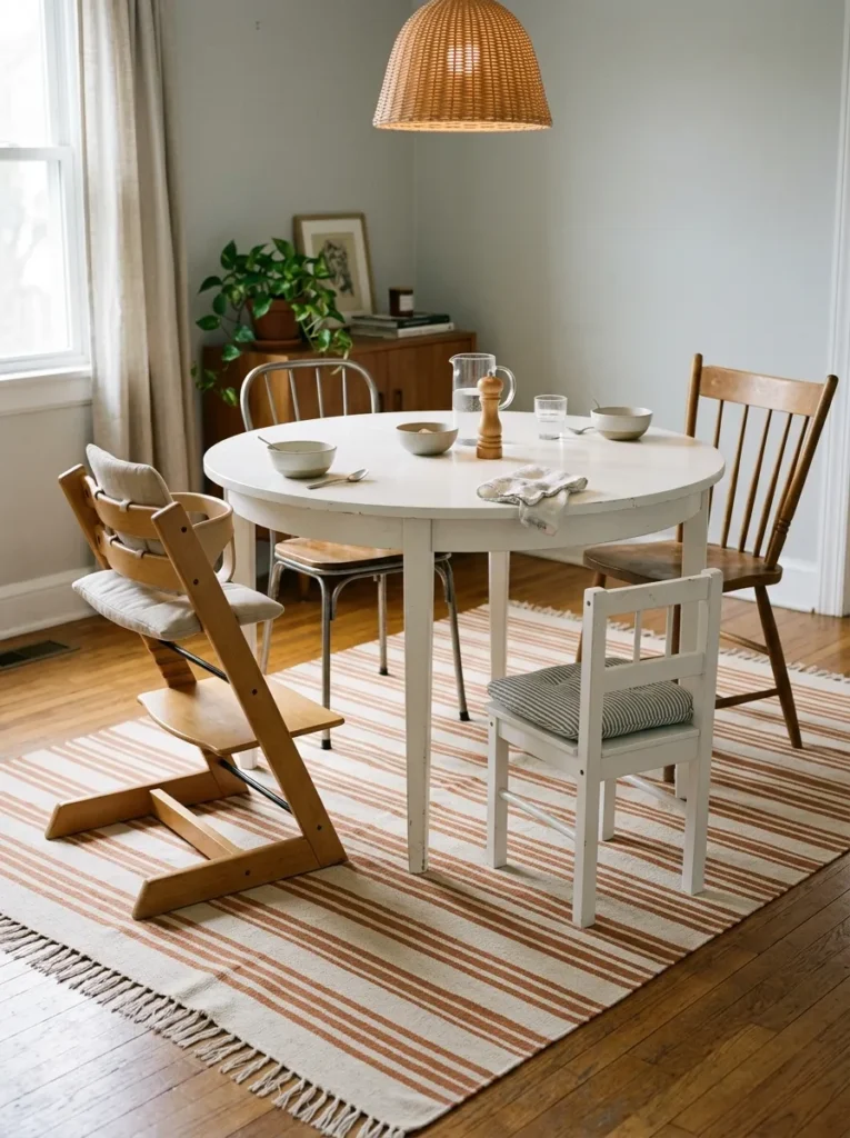 Family dining room with a washable flat-weave striped rug in cream and terracotta under a round white table, showing a practical low-pile surface suitable for everyday use
