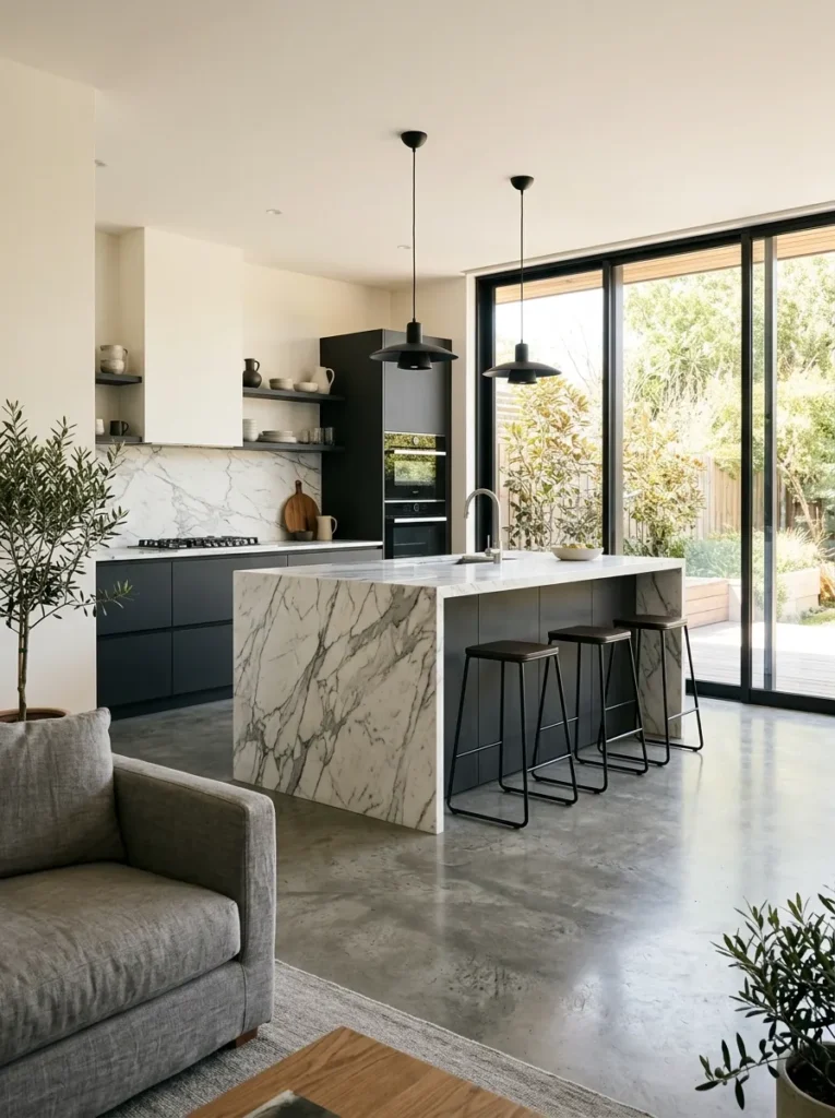 Kitchen island with a book-matched marble waterfall edge visible from the living area