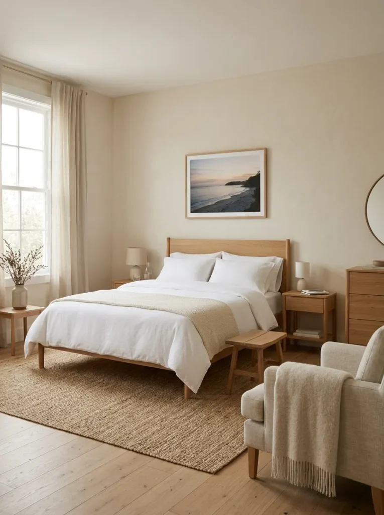 Simply styled guest bedroom with oatmeal walls, a white bed with clear walking space, a jute rug, and a single landscape print — deliberately free of personal styling
