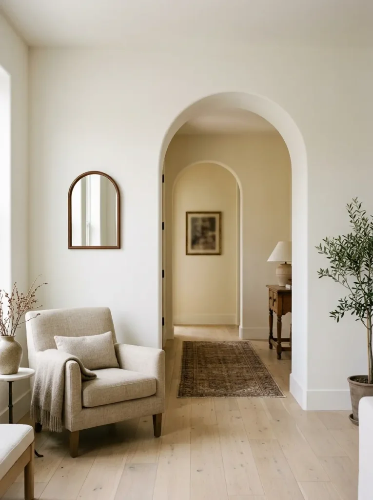White-painted arched internal doorway in a living room, with a linen armchair beside it and a small arched mirror echoing the curve on the adjacent wall