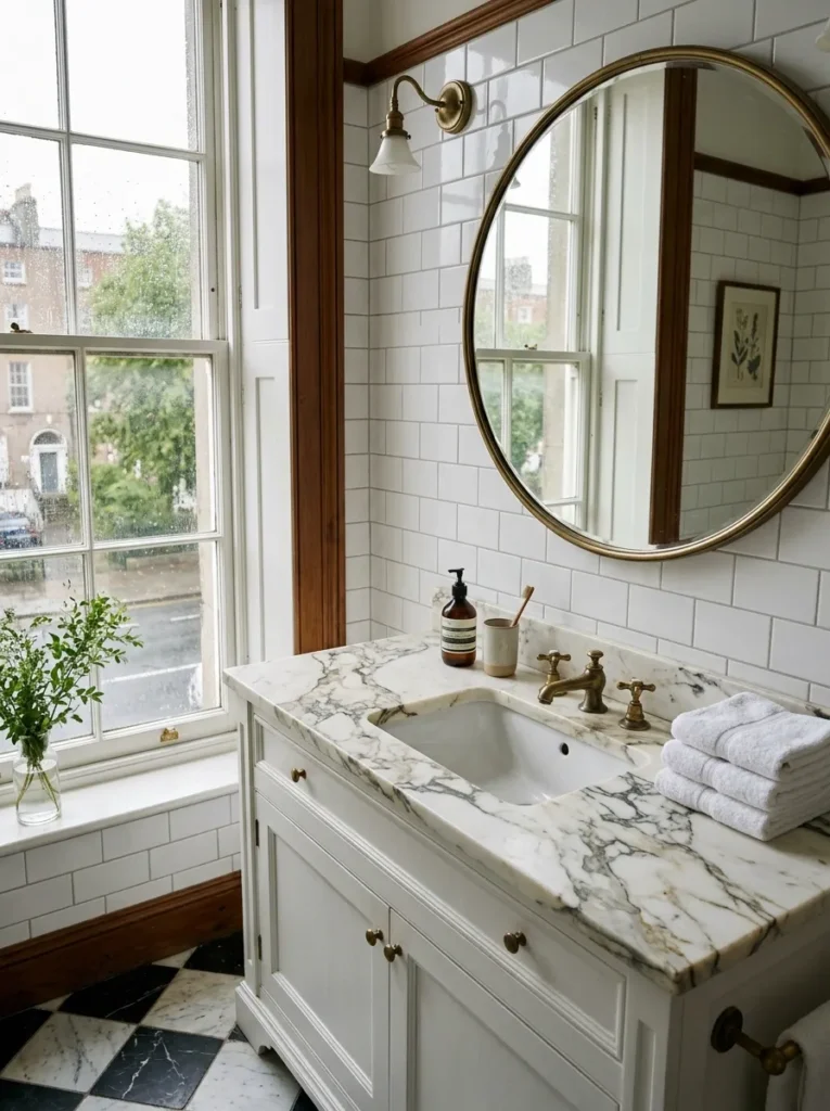 Honed Calacatta marble vanity countertop against plain white ceramic tiles in a Georgian Dublin bathroom.

