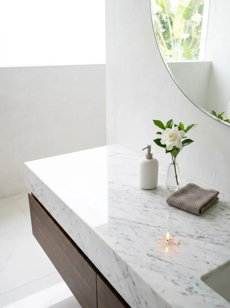 White Carrara marble vanity surface with only three carefully placed objects in a minimal Singapore bathroom.

