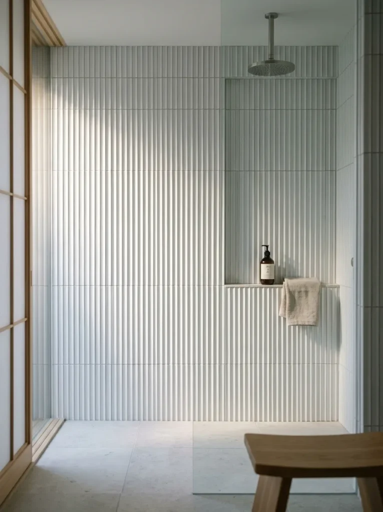 Vertically installed fluted white ceramic tiles catching directional light in a Japandi Kyoto shower enclosure.

