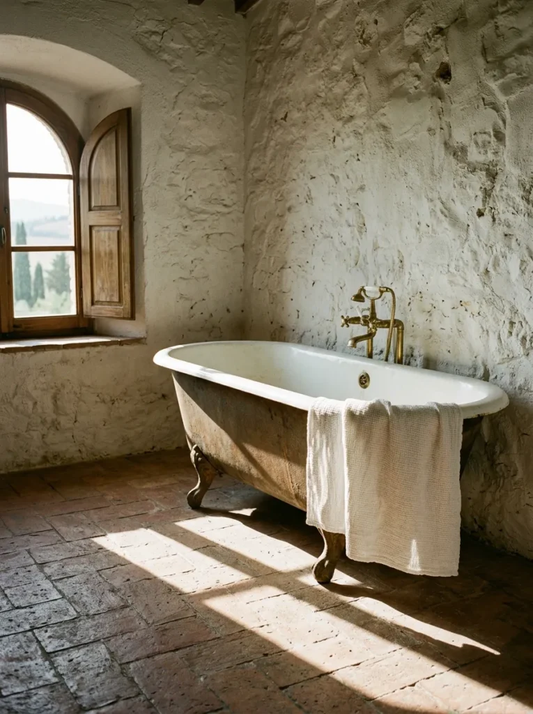 Cast iron freestanding tub in original white enamel on terracotta tile in a converted Tuscan farmhouse bathroom.

