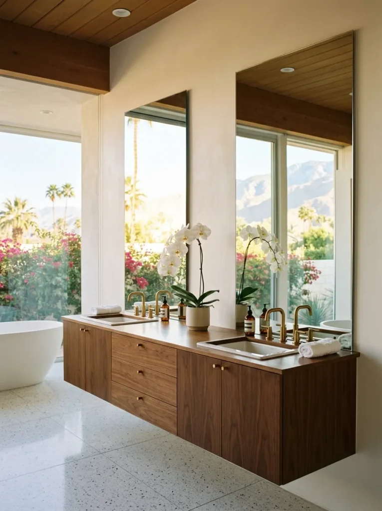 Two full-height frameless mirrors flanking a double vanity reflecting morning light in a Palm Springs bathroom.

