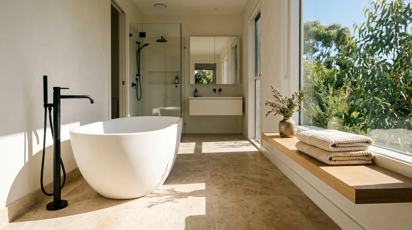 Bright white bathroom with a freestanding stone resin bath, matte black taps, and warm oak shelf.
