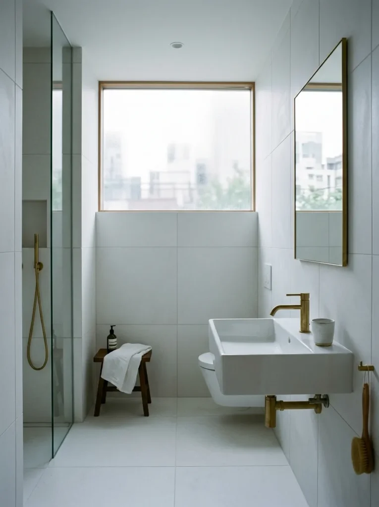 Large format rectified white tiles with near-invisible grout joints in a minimalist Tokyo apartment bathroom.

