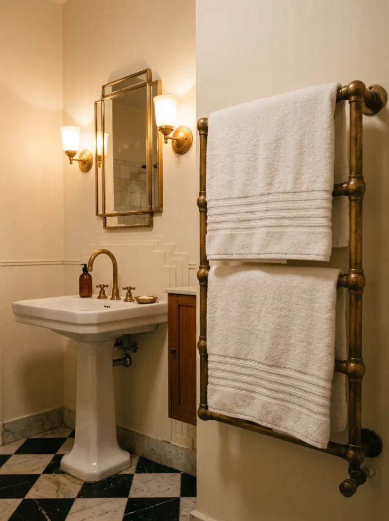 Unlacquered brass heated towel rail matching the tap finish in an Art Deco Buenos Aires white bathroom.

