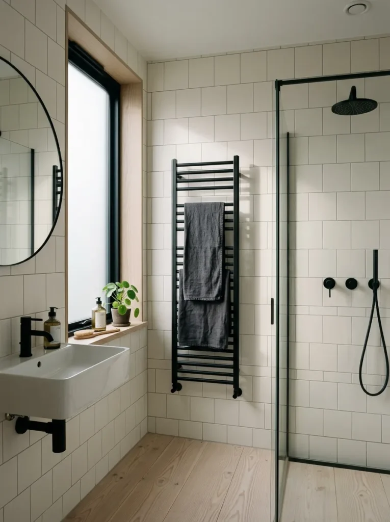 Matte black tap set and heated towel rail against warm white subway tile in a clean Copenhagen bathroom.

