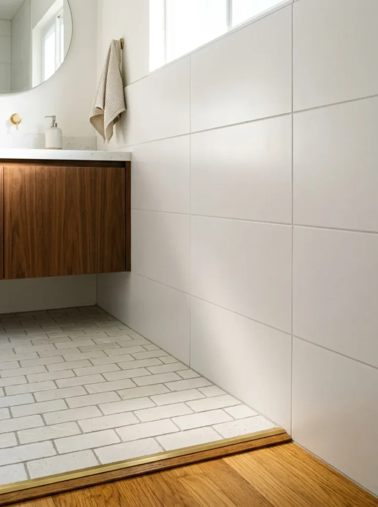 Two adjacent white tile surfaces from different batches showing deliberate tonal variation in a Los Angeles bathroom.

