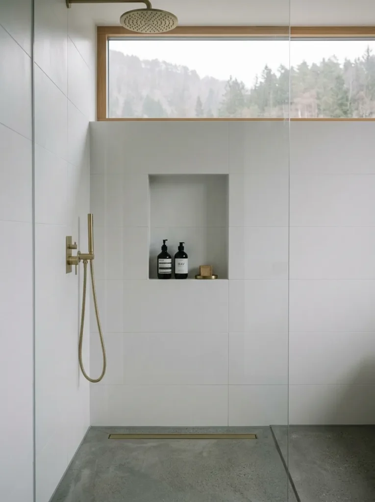 Seamlessly tiled recessed shower niche flush with white wall tile in a clean Scandinavian Bergen bathroom.

