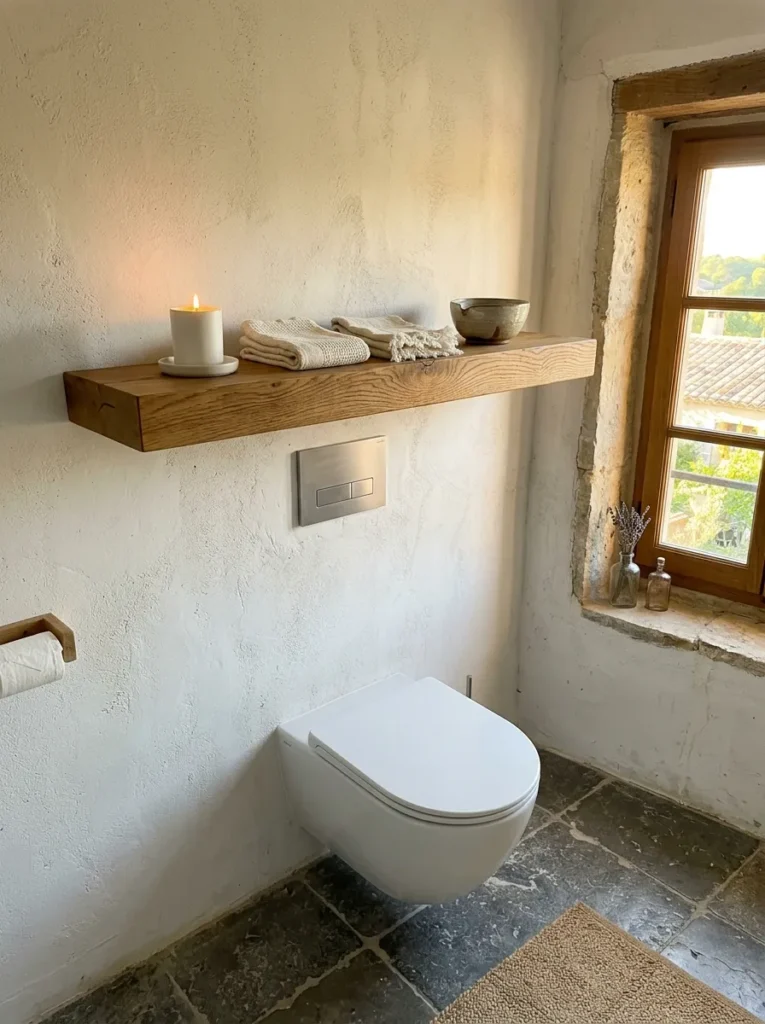 Solid white-oiled oak floating shelf with ceramic and linen objects on lime plaster in a Provençal bathroom.

