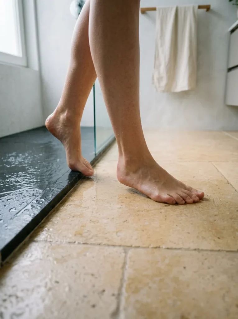 Warm limestone floor tile showing visual warmth under step in a white Amsterdam bathroom with microcement walls.

