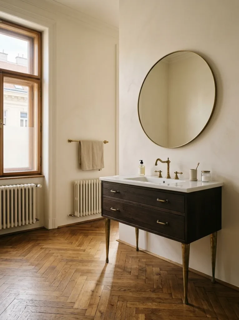 White vanity with slender brass furniture legs revealing herringbone parquet floor beneath in a Viennese bathroom.

