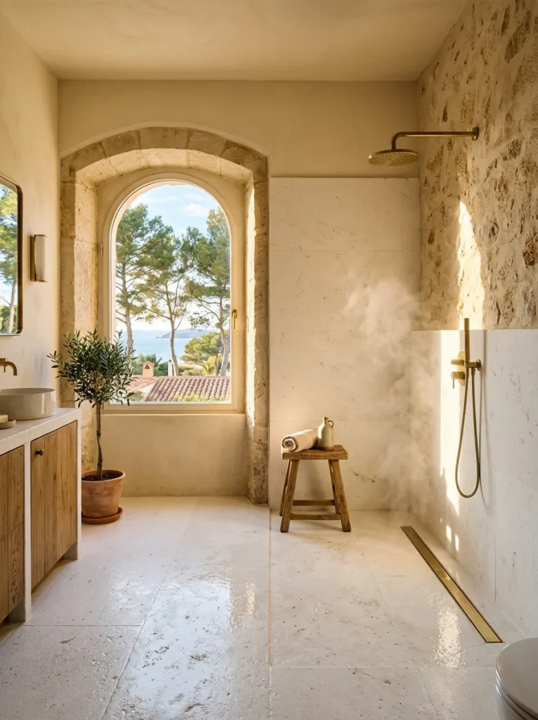 Walk-in shower with no door and seamless white stone tile floor continuing into the shower zone in an Ibiza villa.

