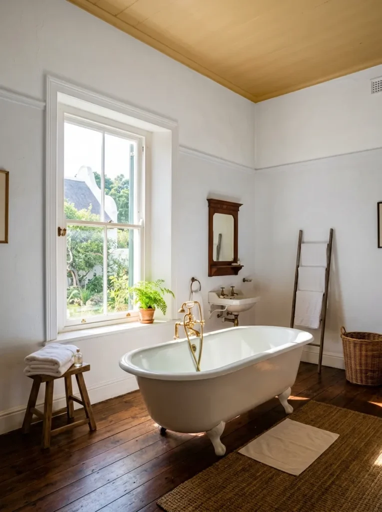 Warm ivory ceiling above bright white plaster walls creating a resolved cocooning atmosphere in a Cape Town bathroom.

