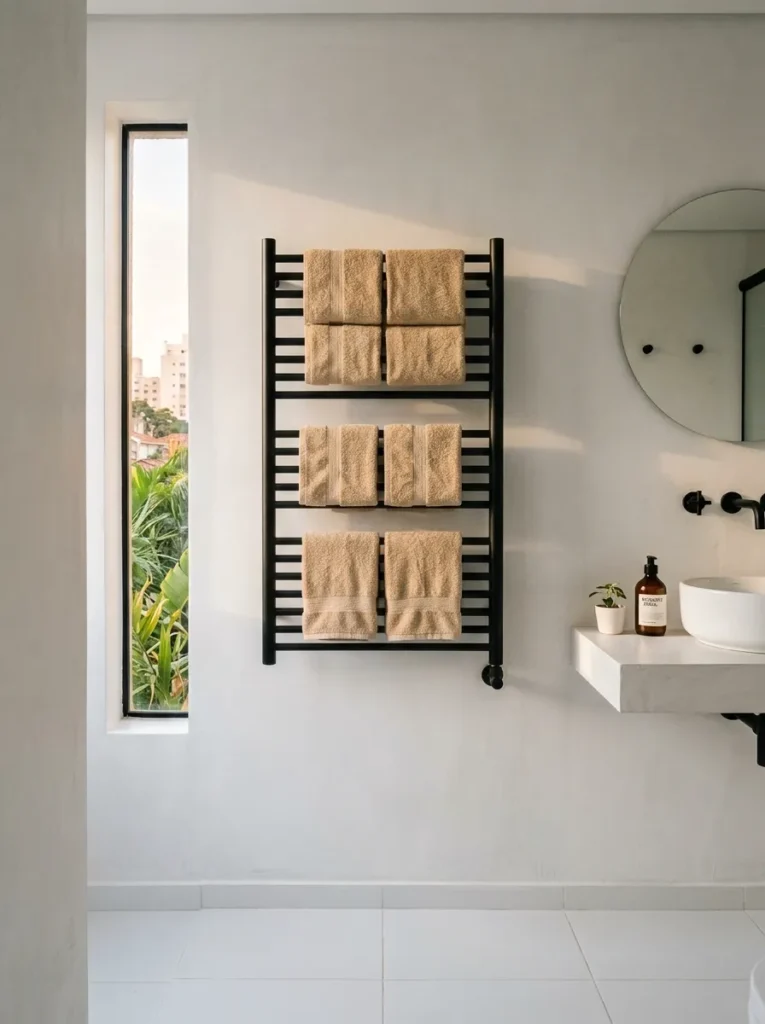 Warm sand linen towels in precise hotel folds on a matte black towel rail in a minimalist São Paulo bathroom.

