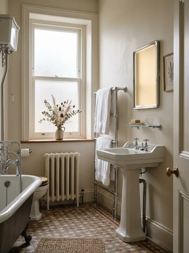 Warm white paint with sand undertone on bathroom walls catching soft overcast light in a Victorian Edinburgh terrace.

