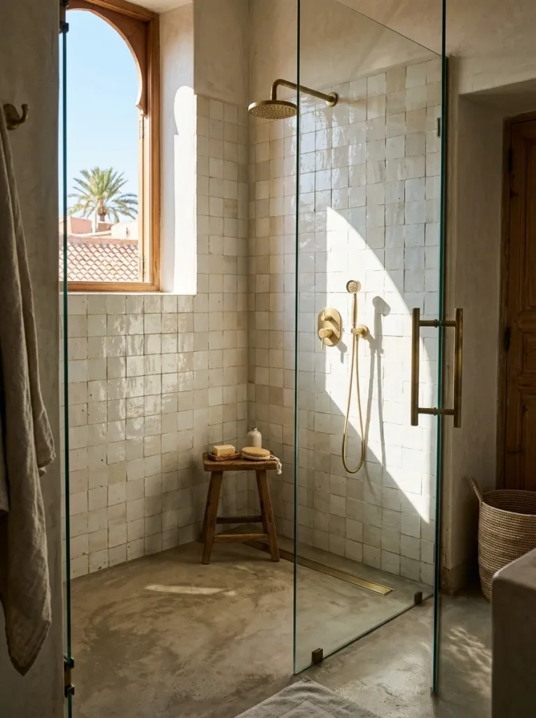 Handmade Zellige tiles in off-white glaze with visible tonal variation in a Marrakech apartment shower enclosure.

