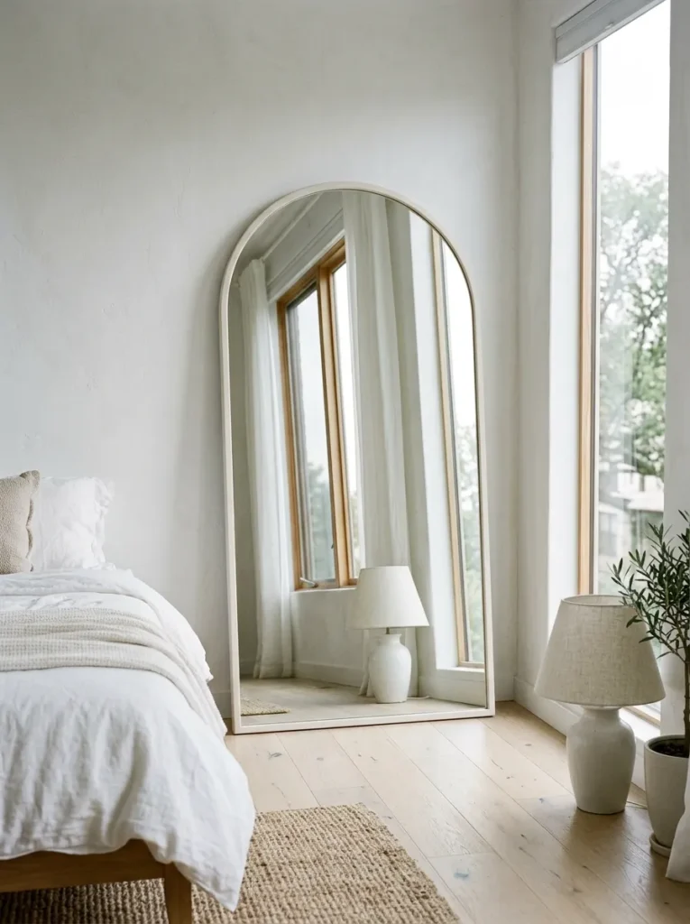 Full-length arched mirror in a plaster-white frame leaning against a limewash wall beside a window, reflecting natural light back into the white bedroom
