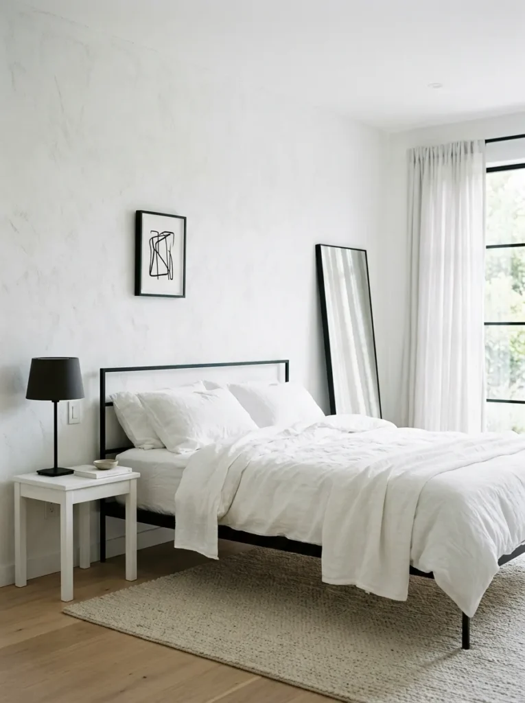 White bedroom with a thin black metal bed frame, black ceramic lamp, and slim black-framed leaning mirror showing how minimal black accents sharpen a pale room

