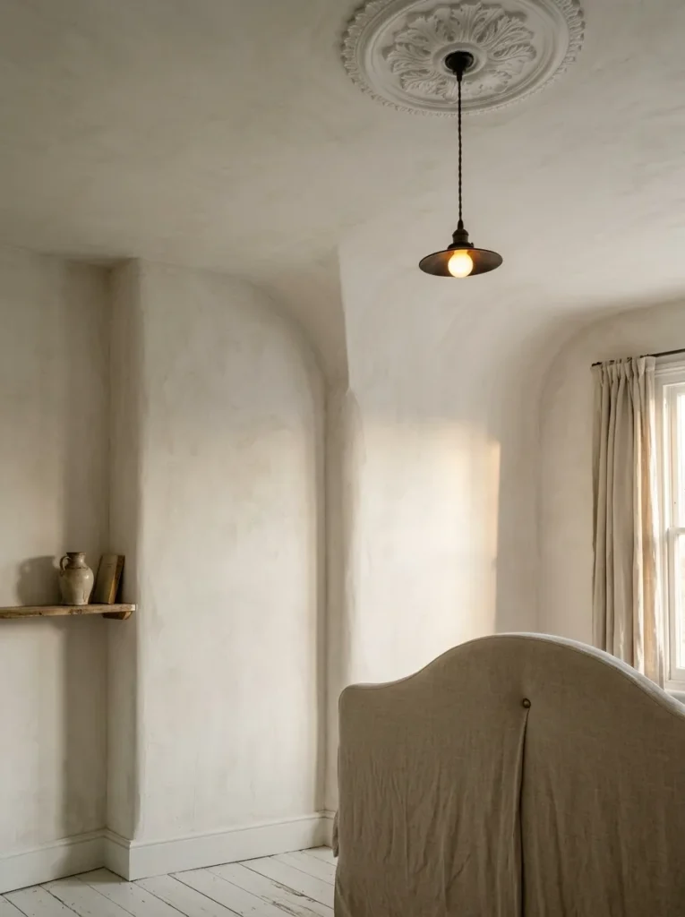 White bedroom corner photographed from below showing limewash walls continuing onto the ceiling in the same warm off-white tone, creating a unified enveloping atmosphere
