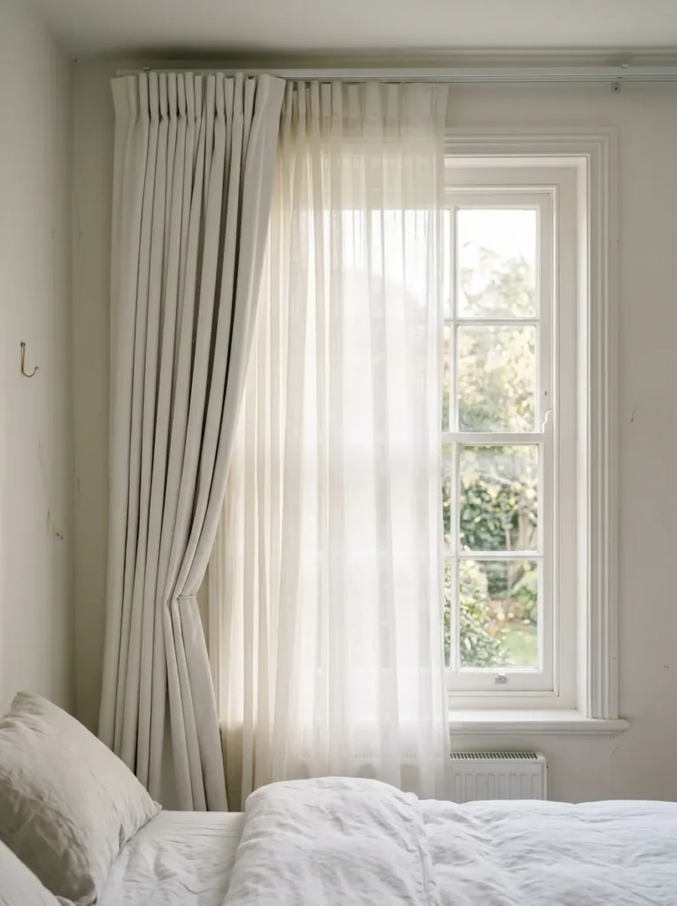 White bedroom window with double curtain layers showing a glowing inner sheer voile panel and a heavier white canvas panel pushed to one side in structured folds