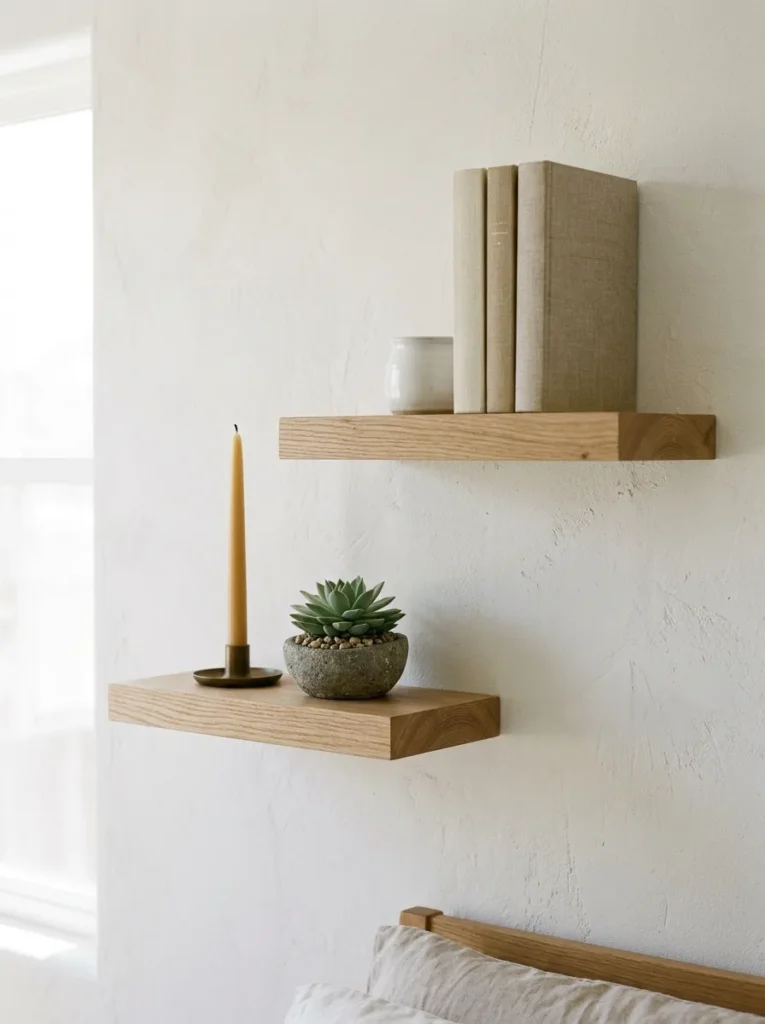 Two narrow floating oak shelves on a white textured wall, minimally styled with a ceramic pot, books, candle, and small succulent
