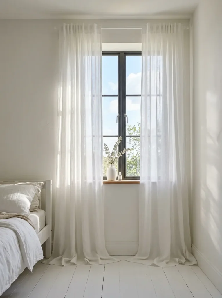 White bedroom window with sheer linen curtains mounted near the ceiling and falling to the floor, stacked wide to reveal the full window and maximize natural light
