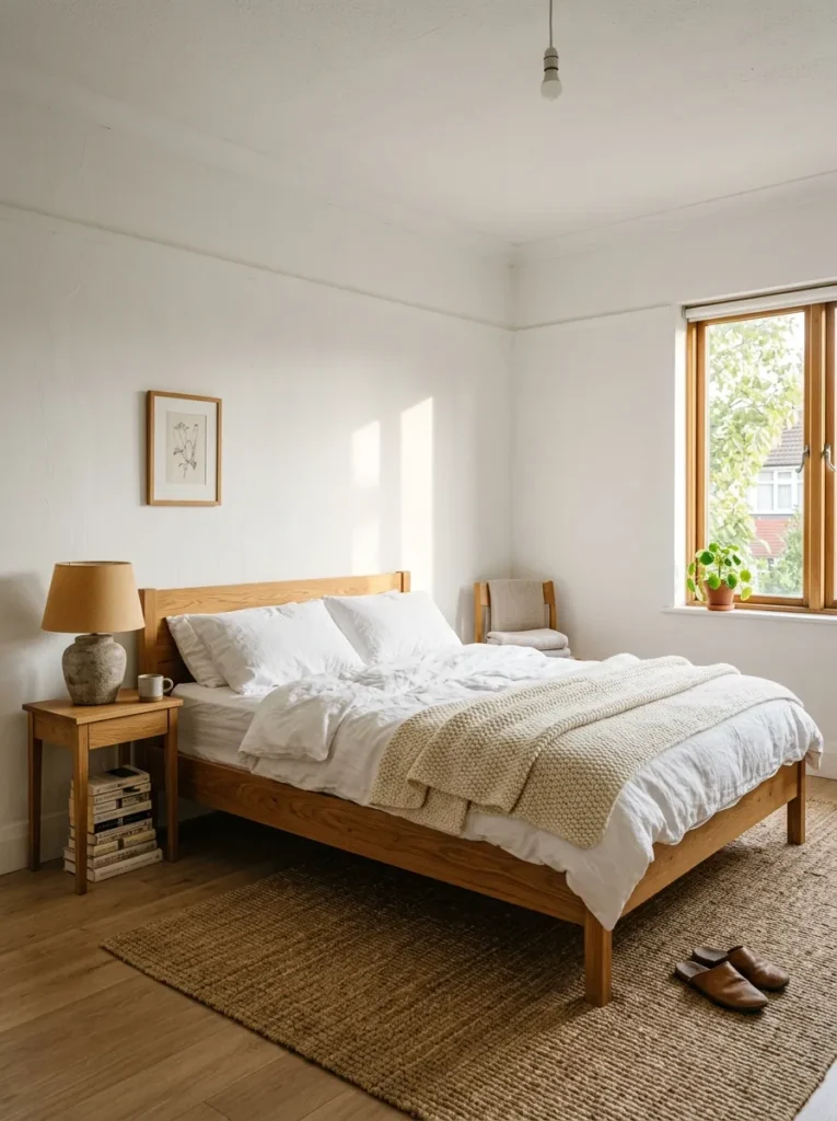White bedroom with a honey-oak bed frame, matching oak nightstand, and linen bedding, showing how warm wood tones balance an all-white palette
