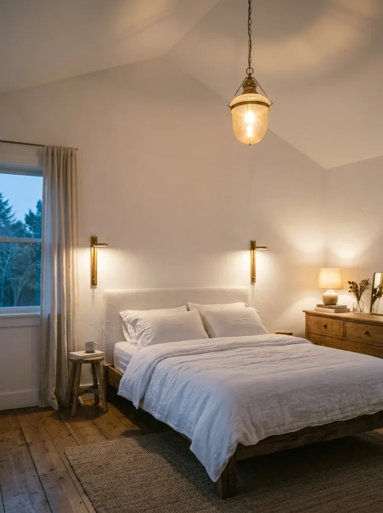 White bedroom at dusk showing three layers of warm lighting — a ceiling pendant, wall sconces flanking the bed, and a small table lamp on a dresser in the background

