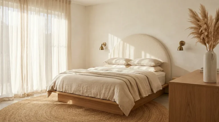 White bedroom with limewash walls, a low oak platform bed, ivory boucle headboard, layered linen bedding, and sheer floor-to-ceiling curtains