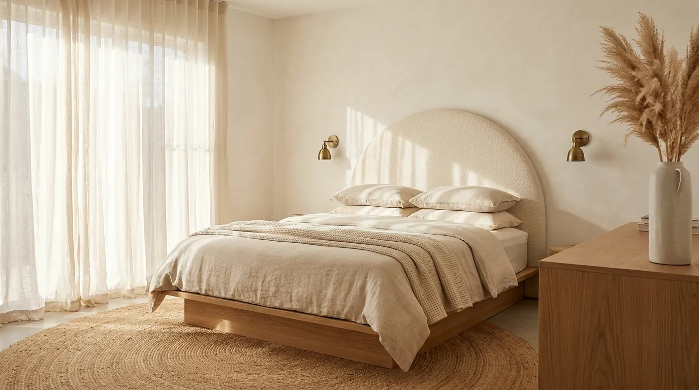 White bedroom with limewash walls, a low oak platform bed, ivory boucle headboard, layered linen bedding, and sheer floor-to-ceiling curtains